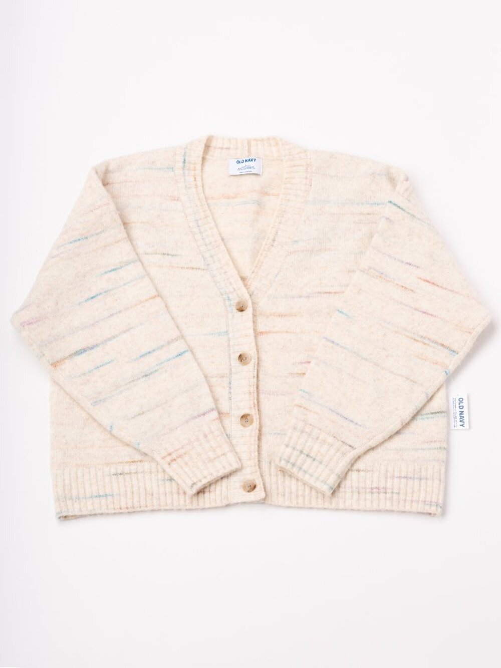 NWT Old Navy Slouchy Button Down Cardigan Cream Rainbow Sz L Kidcore Grandmacore